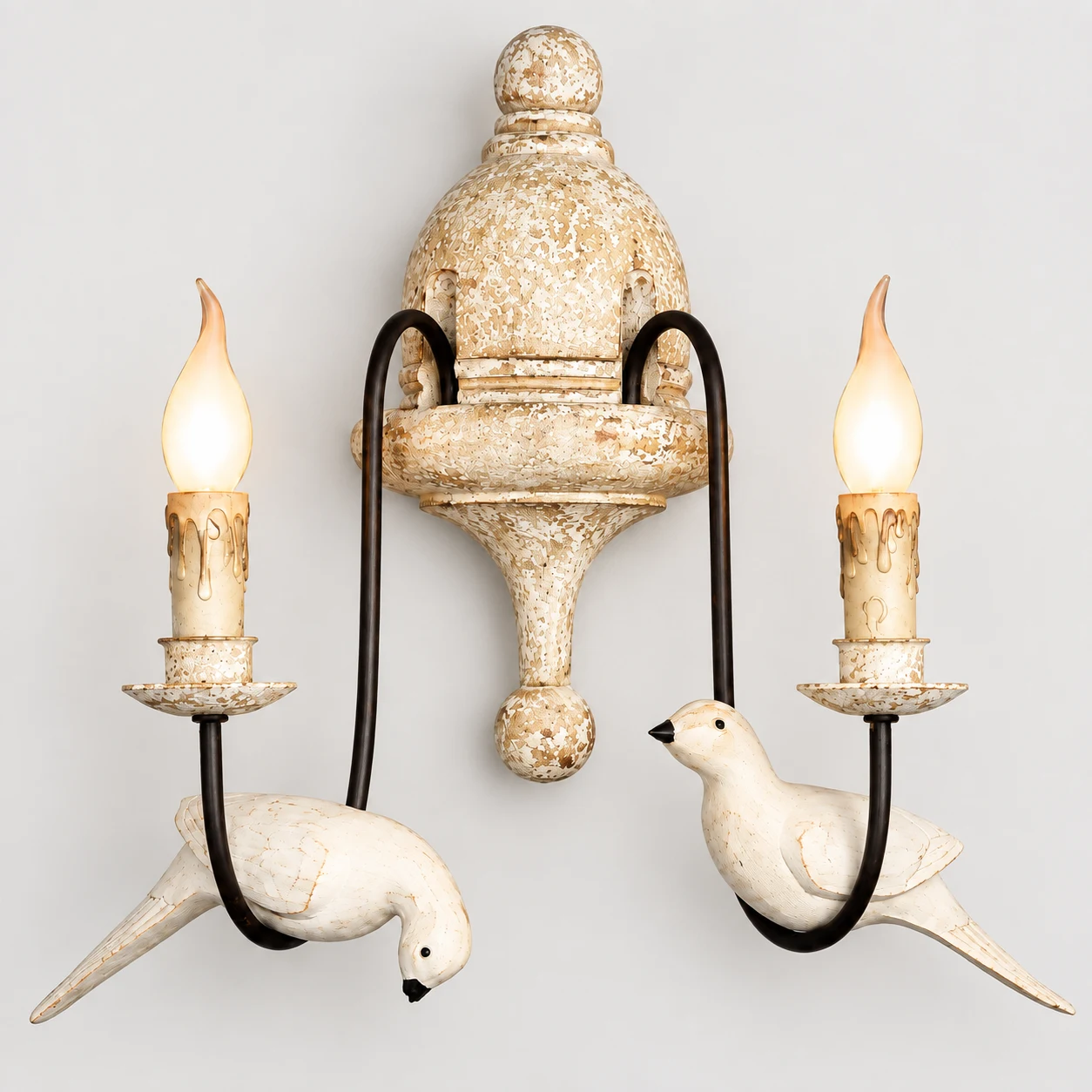 Mara distressed ivory carved-wood backplate and double-head arms