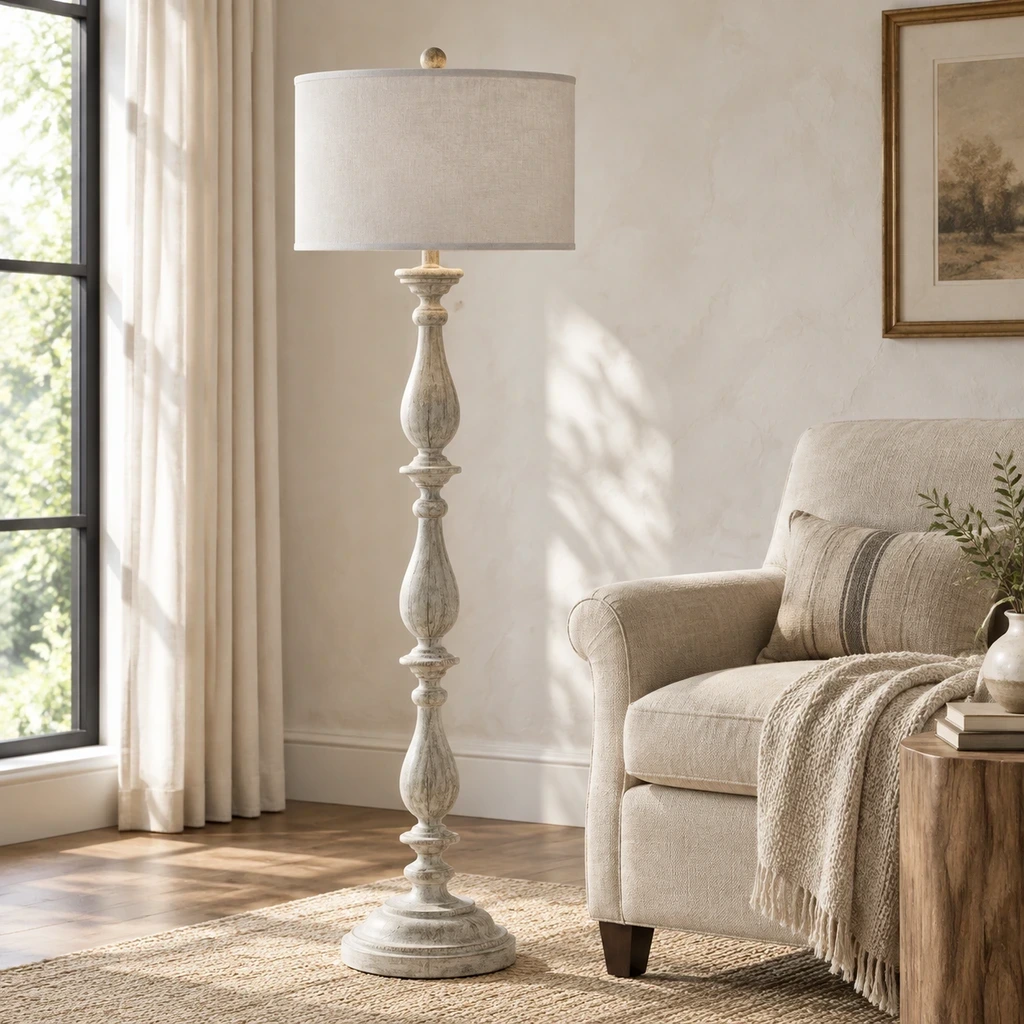 French Rustic Carved Wood Floor Lamp illuminated in a warm plaster entry