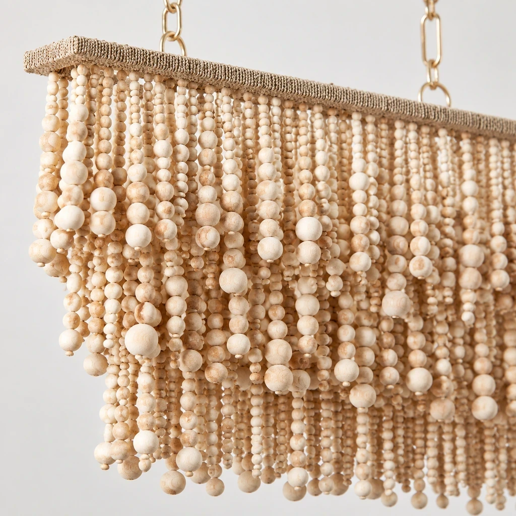 Close detail of the layered wood bead crown, natural wood bead strands and wood bead chandelier frame