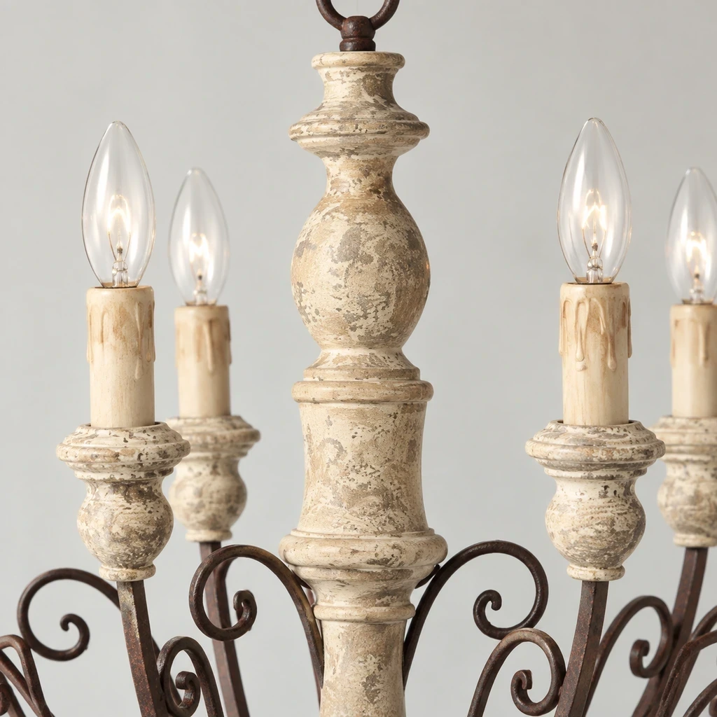 Close detail of the ornate ceiling canopy, carved leaf motifs and scrolling arms and carved wood chandelier frame