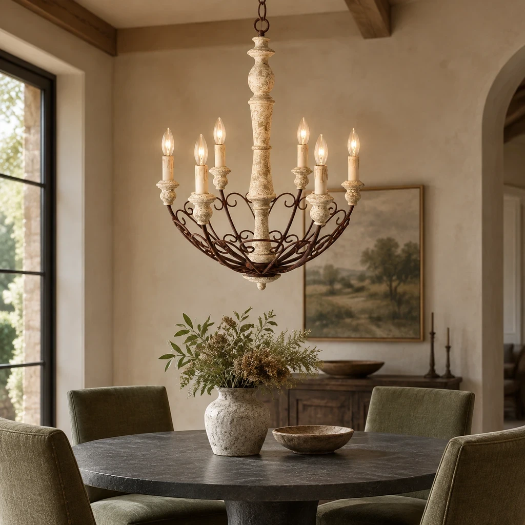 Rustic Six-Arm Carved Wood Chandelier above a muted dining table