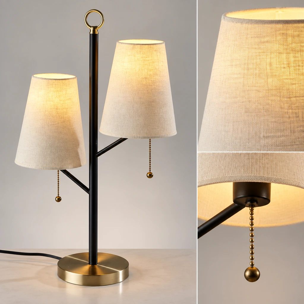 Close detail of the cream fabric shades and black metal arms