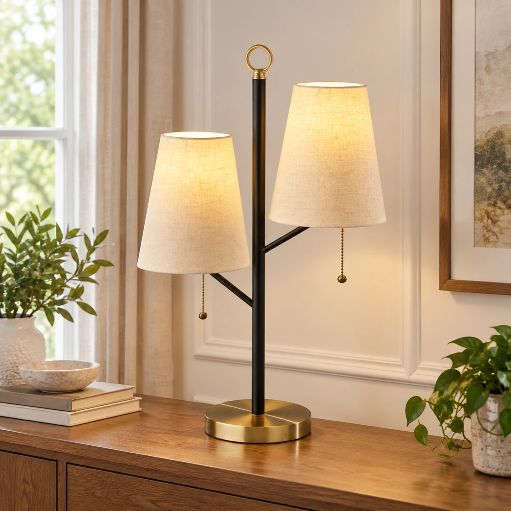 Modern twin-shade table lamp on a wooden console