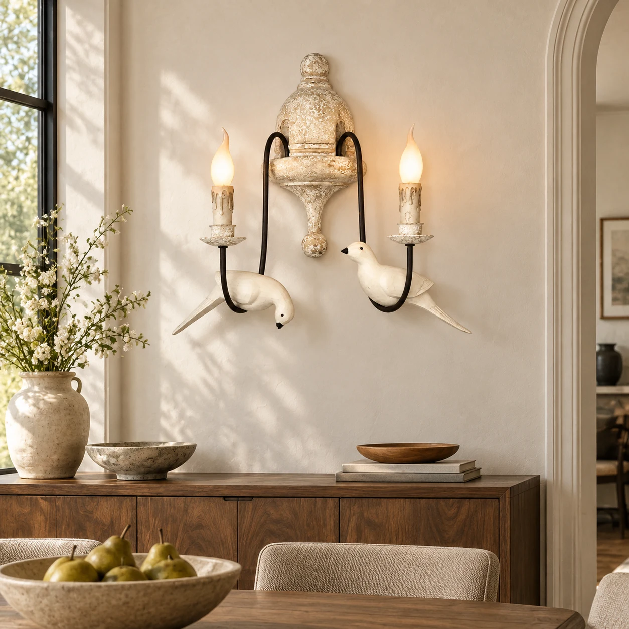 Mara double-head bird wall light above a walnut dining sideboard