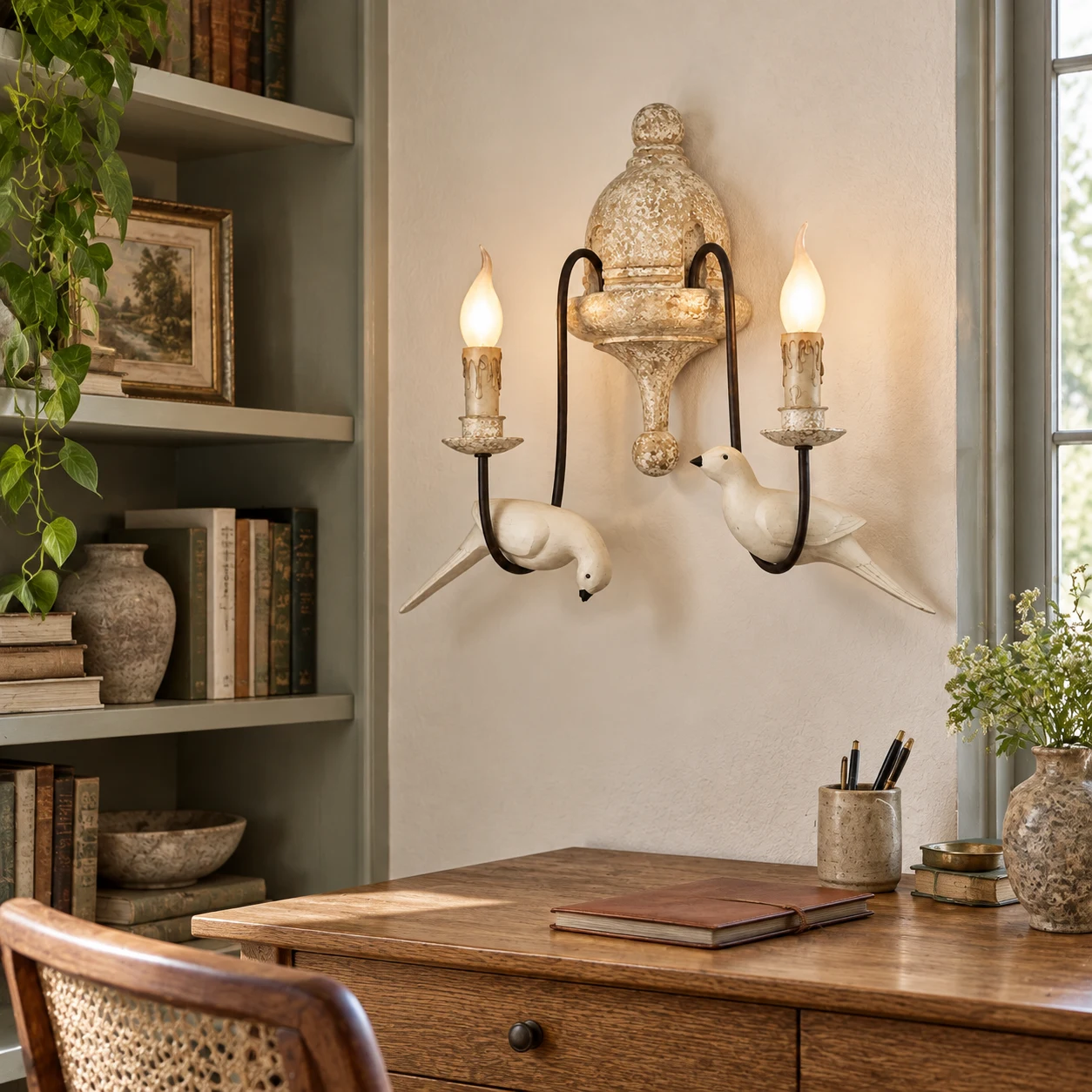 Mara double-head bird wall light beside a residential library study