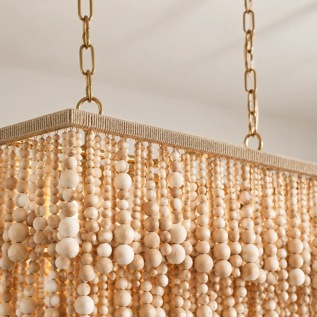 Close detail of the rectangular or square ceiling frame, two ceiling chains and layered wood bead crown