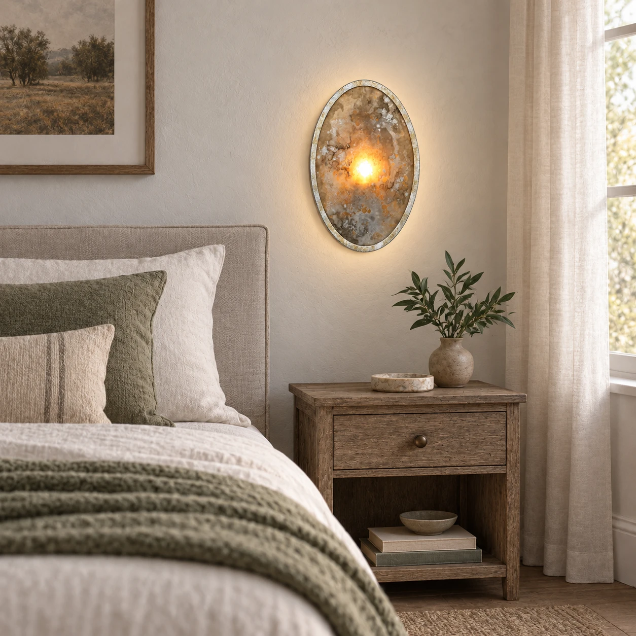 Clara French Vintage Antiqued Glass Iron Wall Sconce in a calm bedroom with an aged-oak nightstand and soft morning daylight