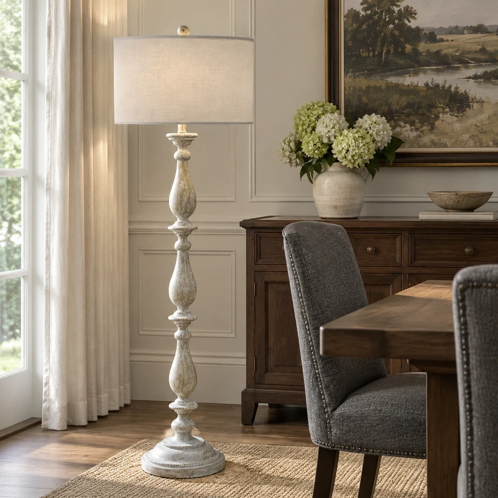French Rustic Carved Wood Floor Lamp beside a muted dining table
