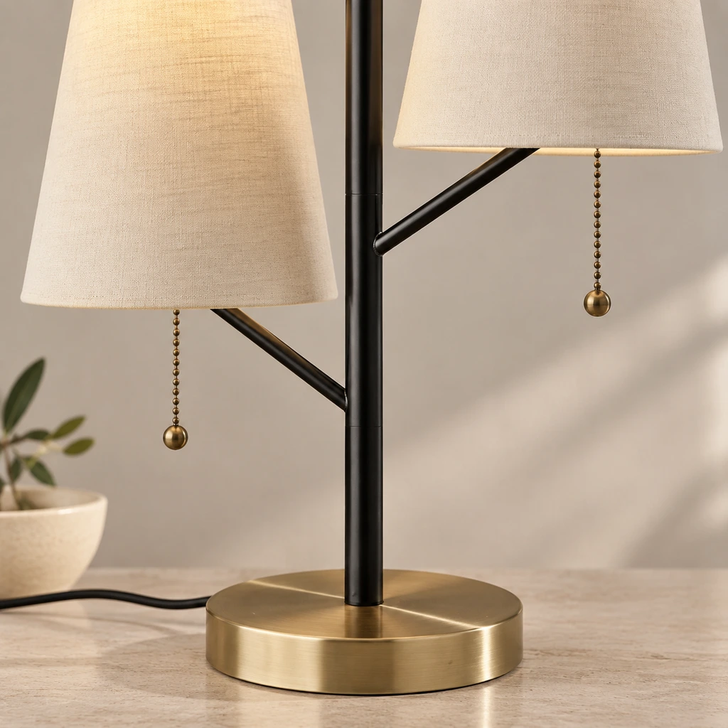 Close detail of the black metal frame, pull chain and gold-tone base