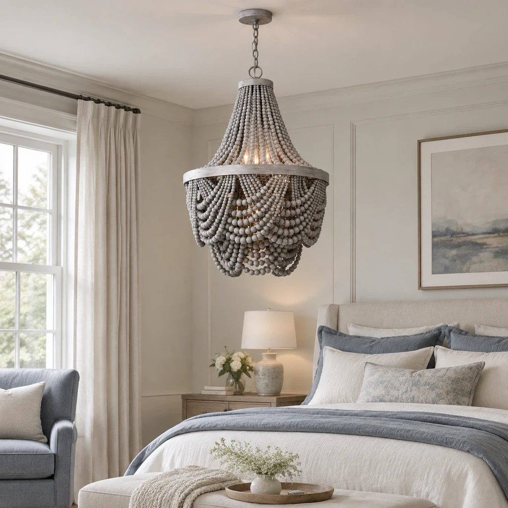 Gray wood beaded chandelier above a blue-gray linen bed