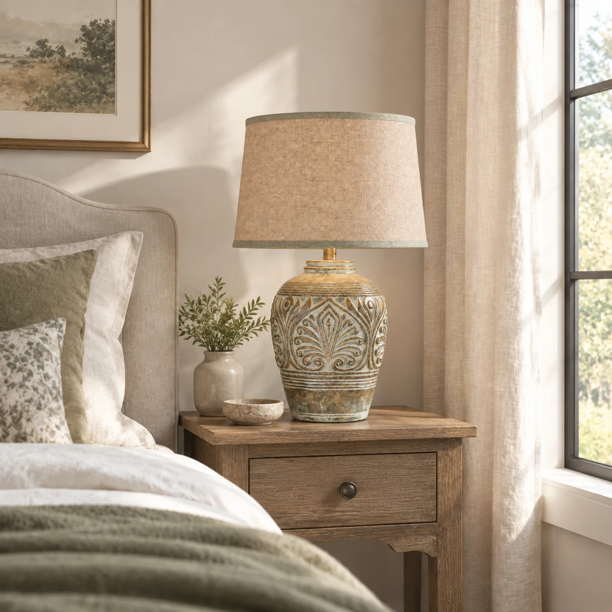 Elena Vintage Carved Wood Table Lamp in a calm bedroom with an aged-oak nightstand and soft morning daylight