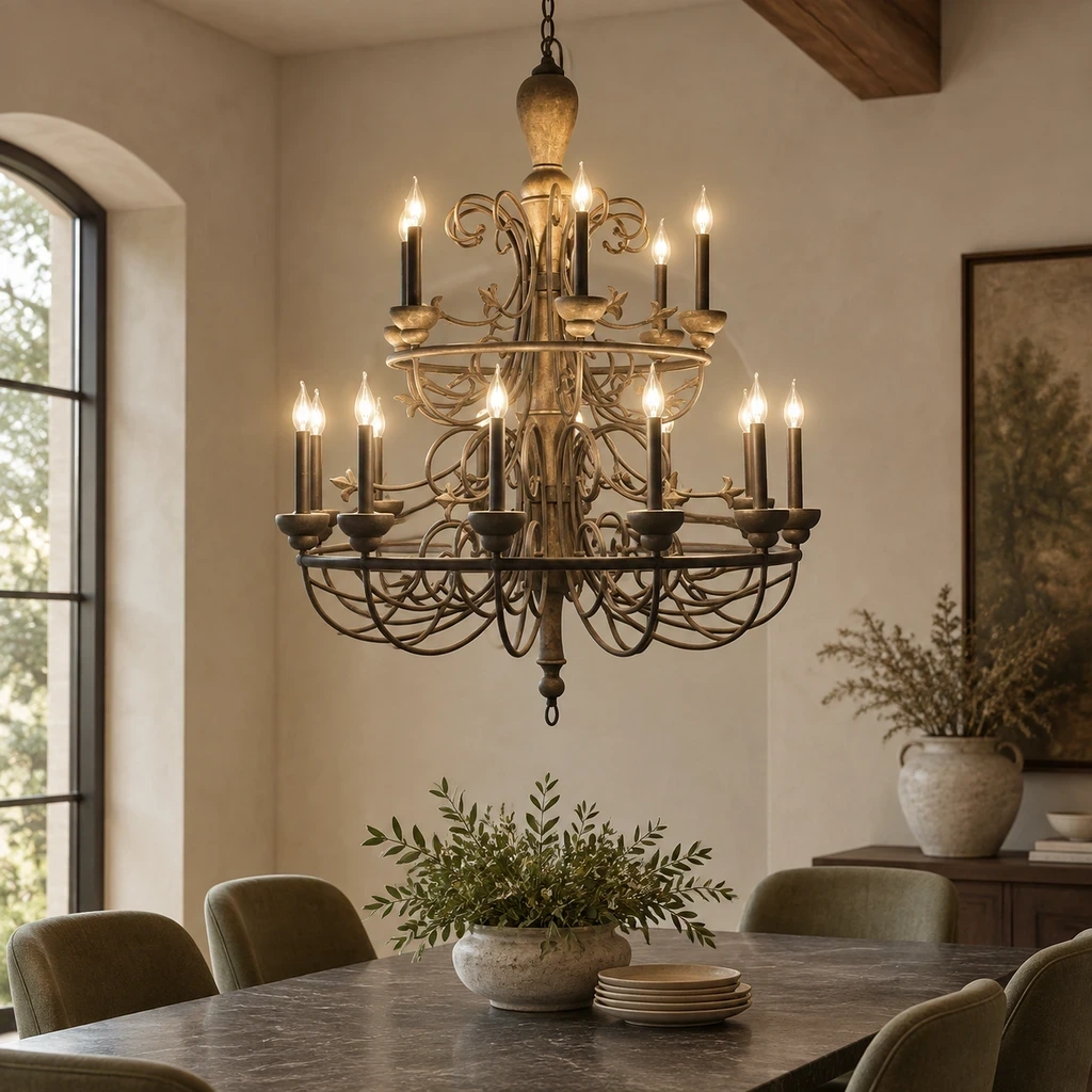 Rustic Multi-Tier Carved Wood Chandelier above a muted dining table