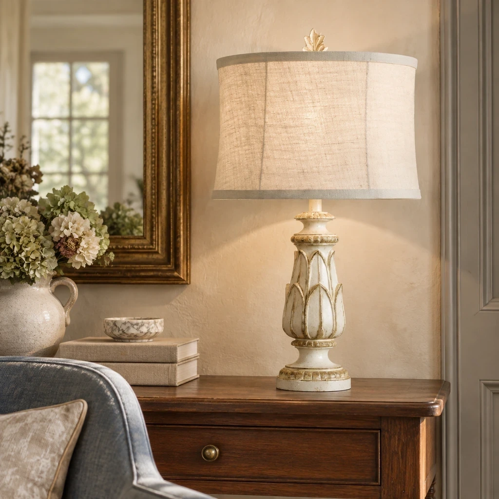 Rustic Carved Floral Linen Table Lamp above a warm walnut console