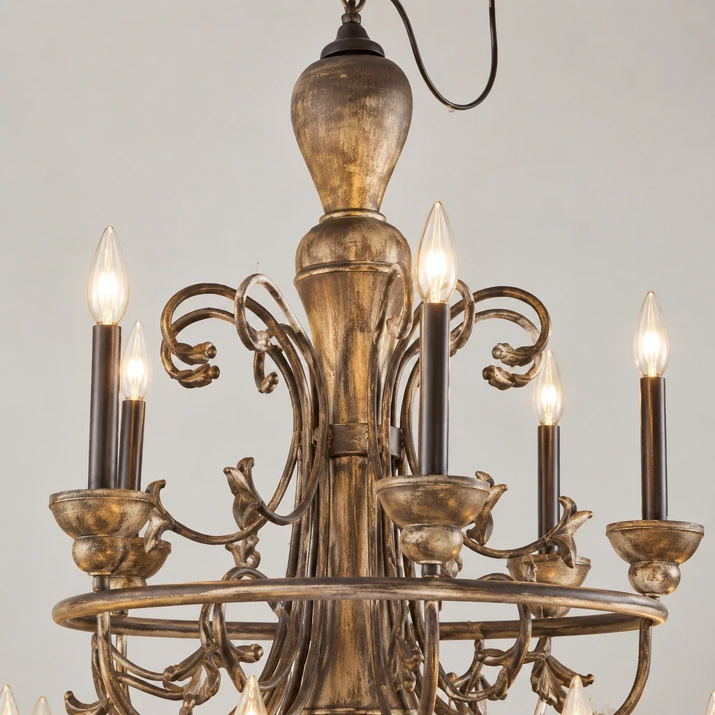 Close detail of the ornate ceiling canopy, layered iron scrolls and scrolling arms and carved wood chandelier frame