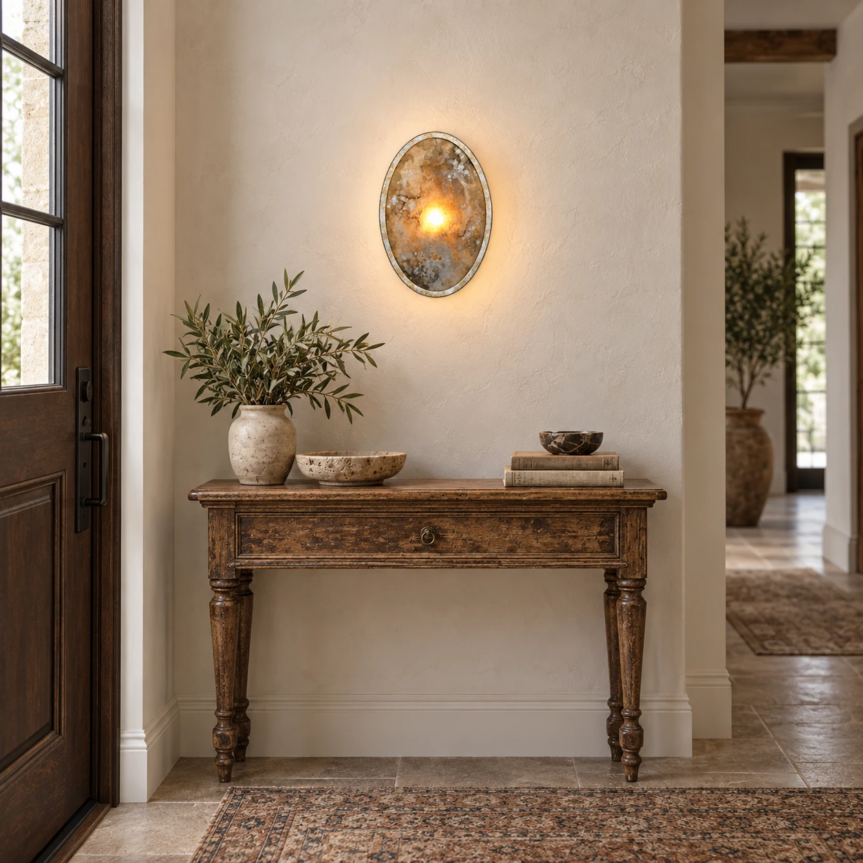 Clara French Vintage Antiqued Glass Iron Wall Sconce in a narrow entry foyer with a plaster wall and antique console