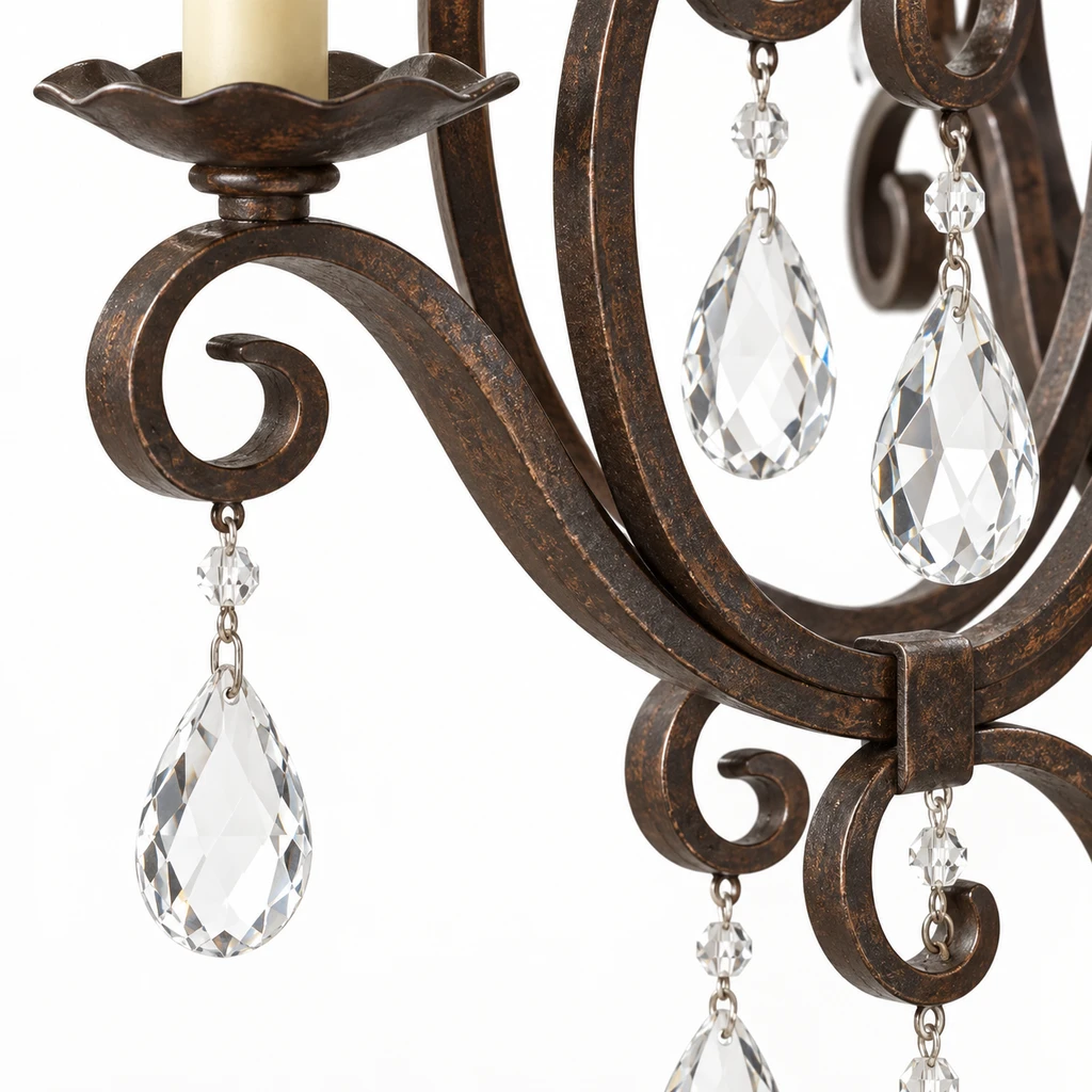 Distressed iron scrollwork with clear crystal drops