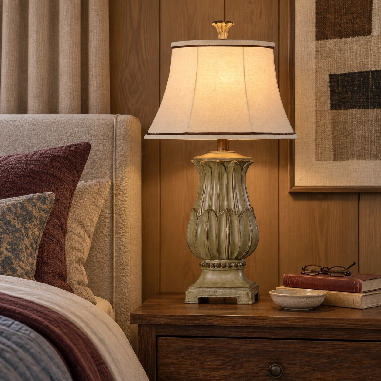 Marlowe vintage table lamp on a lived-in bedroom nightstand