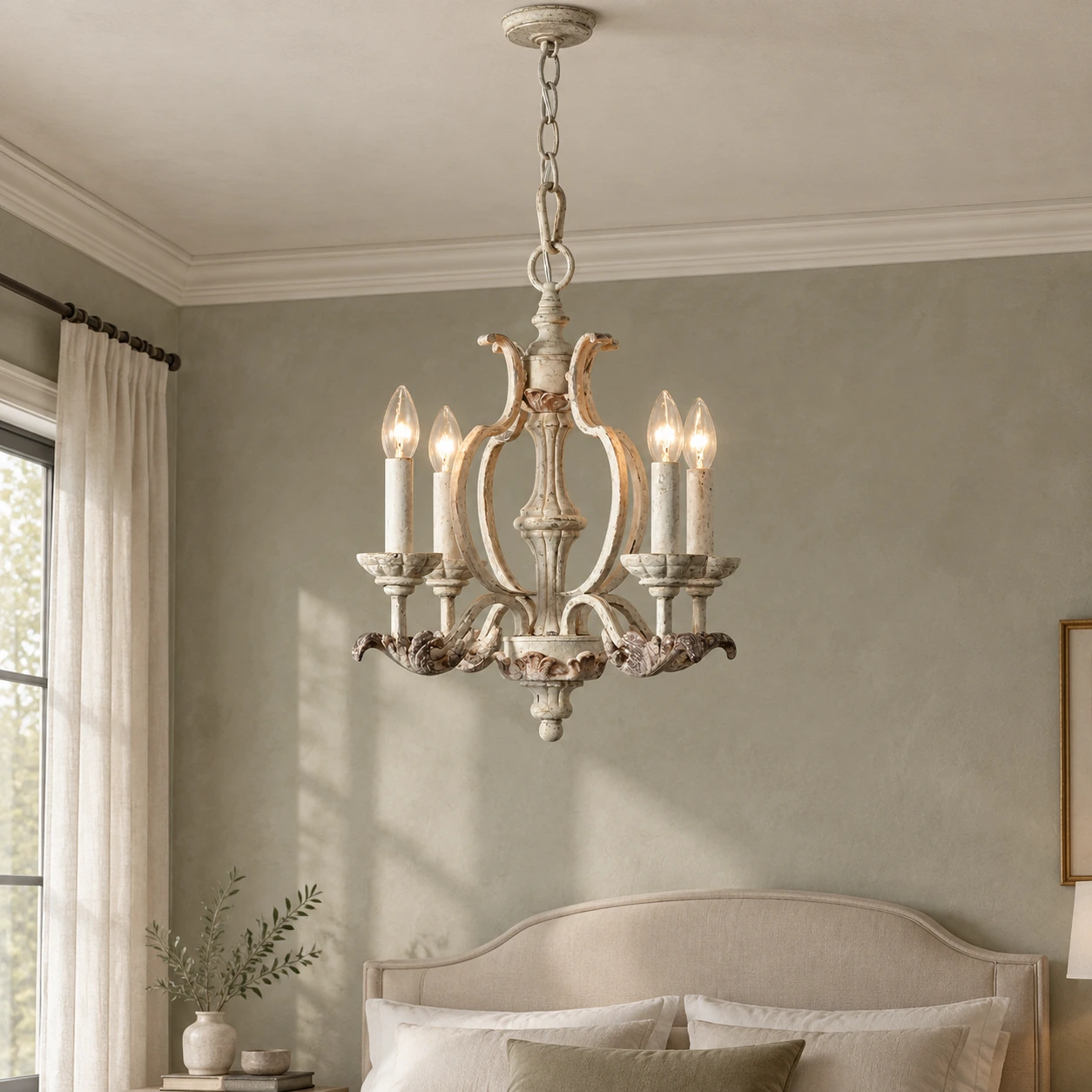 Vintage chandelier in a softly lit bedroom