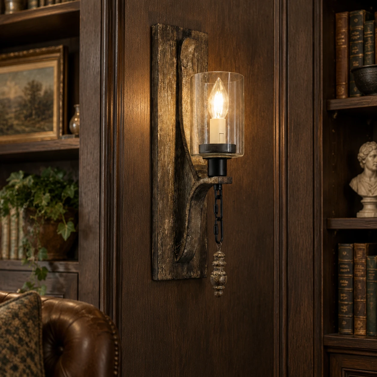 Hardwired wood wall sconce installed flush to dark oak library paneling