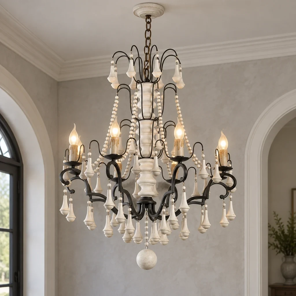 Merritt Beaded Wood Chandelier with Eight Lights illuminated in a pale plaster foyer