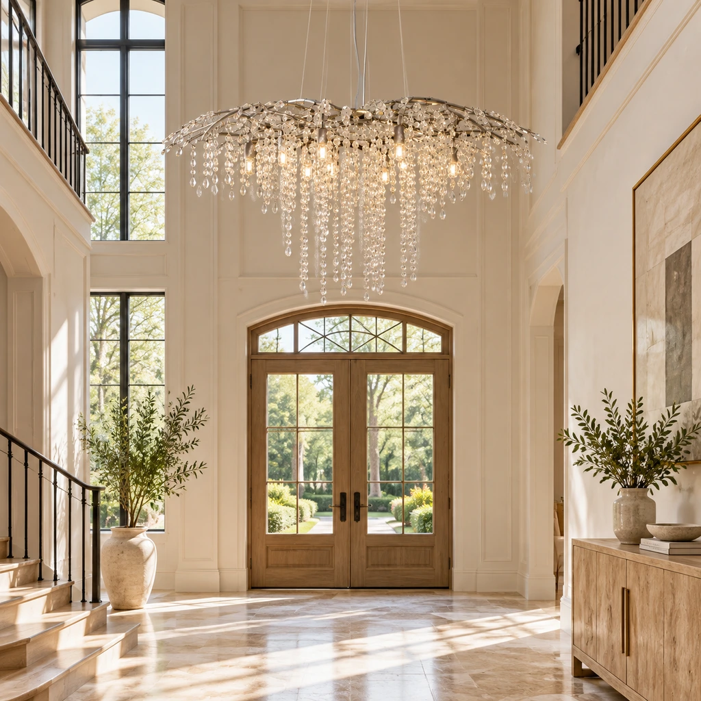 Arden crystal branch chandelier installed in a double-height entry