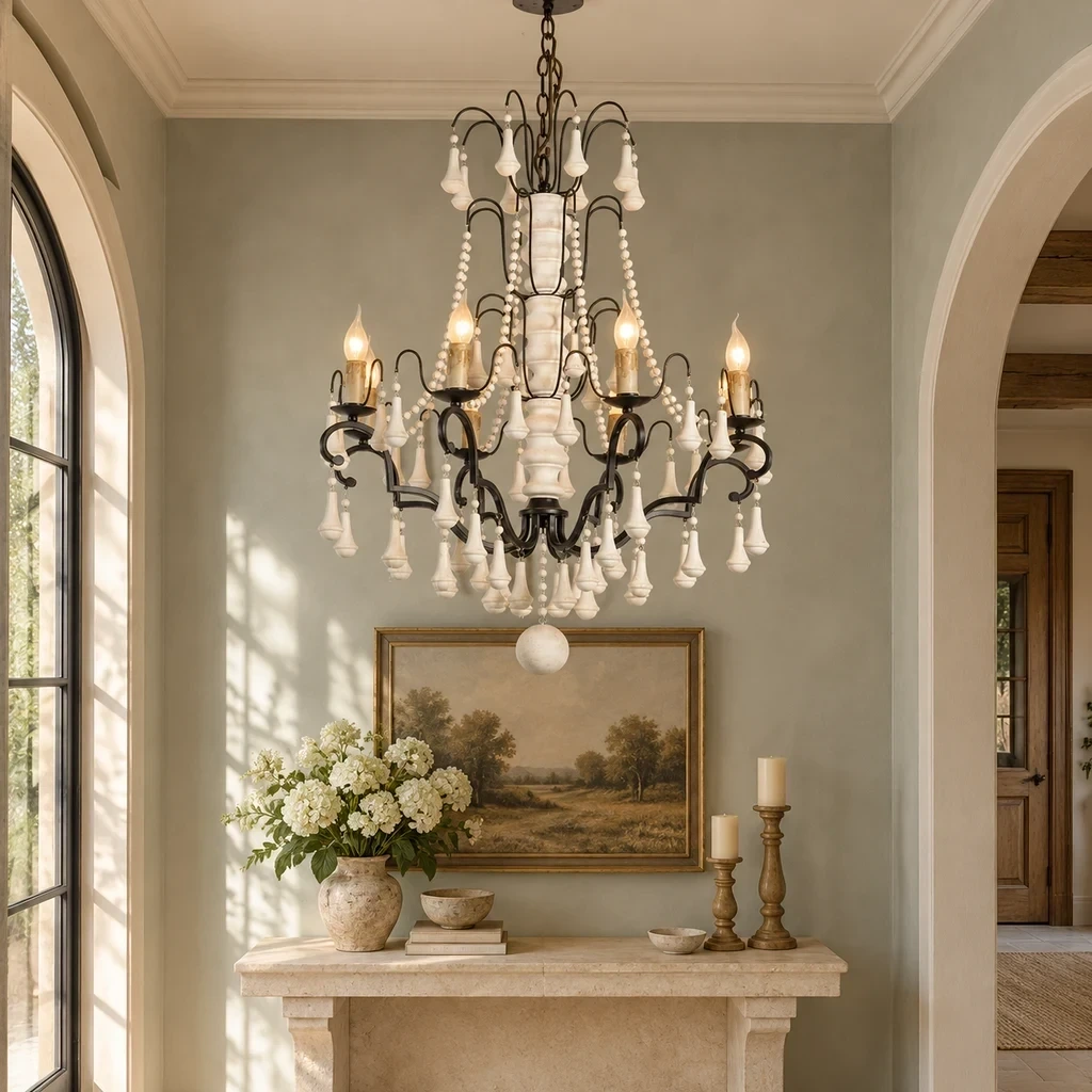 Merritt Beaded Wood Chandelier with Eight Lights in a muted sage entry hall