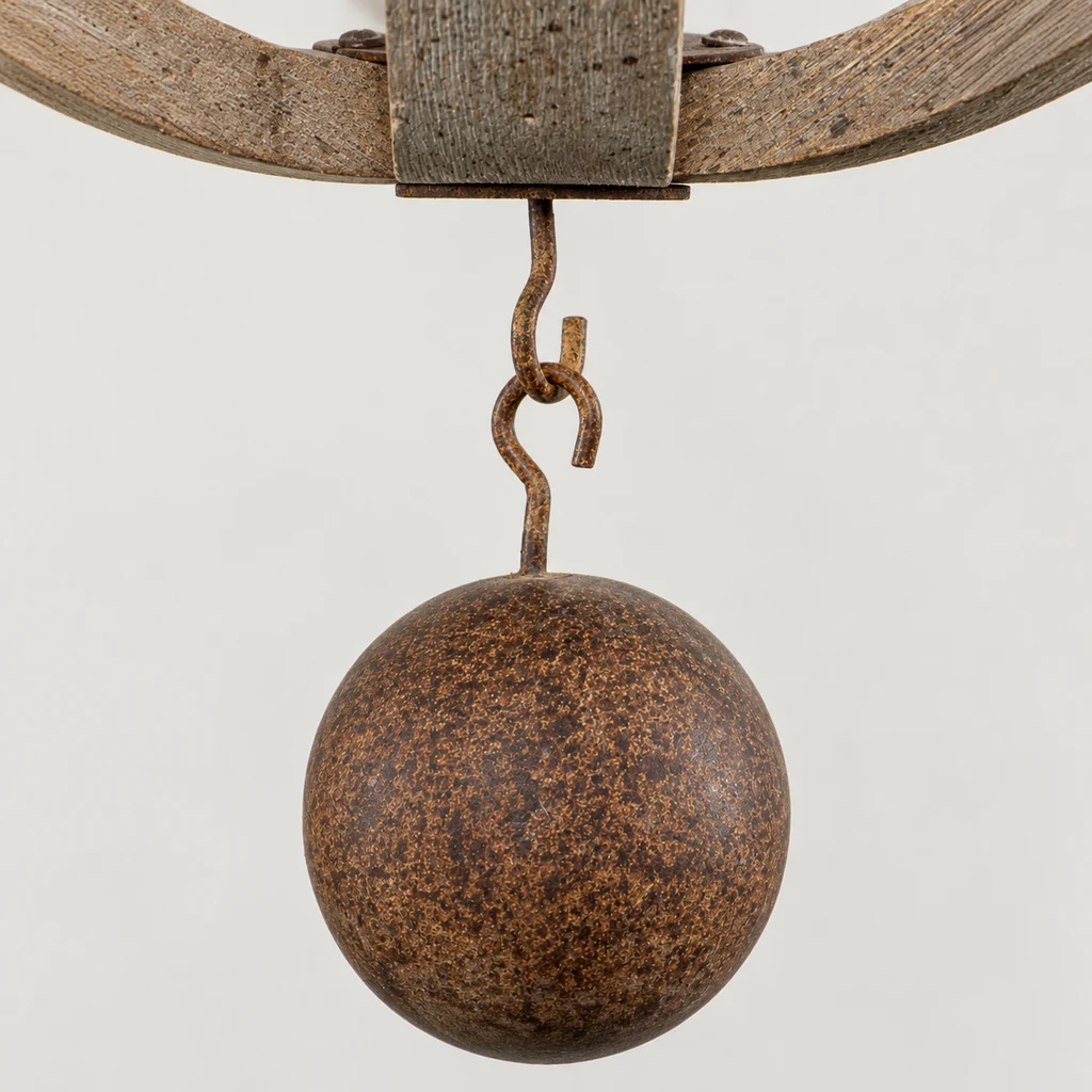 Close detail of Elowen chandelier lower hook and rust-brown sphere
