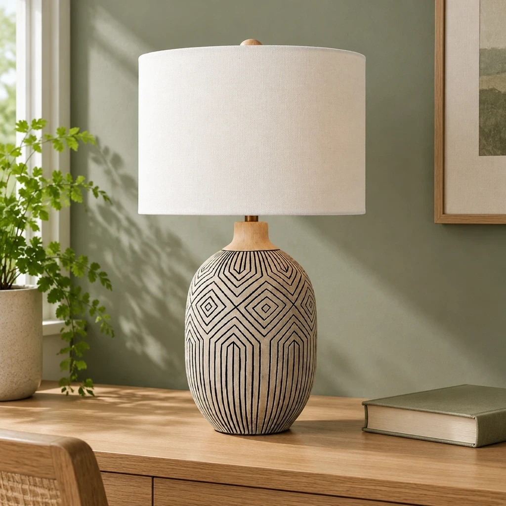 Merritt table lamp on a light oak desk