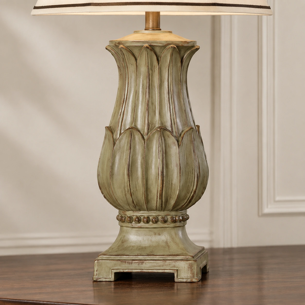 Square carved pedestal base detail of the Marlowe table lamp