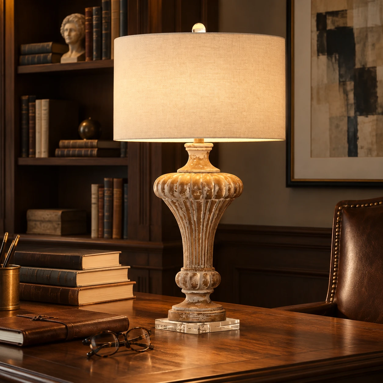 Aurelia vintage wood table lamp on a traditional study desk