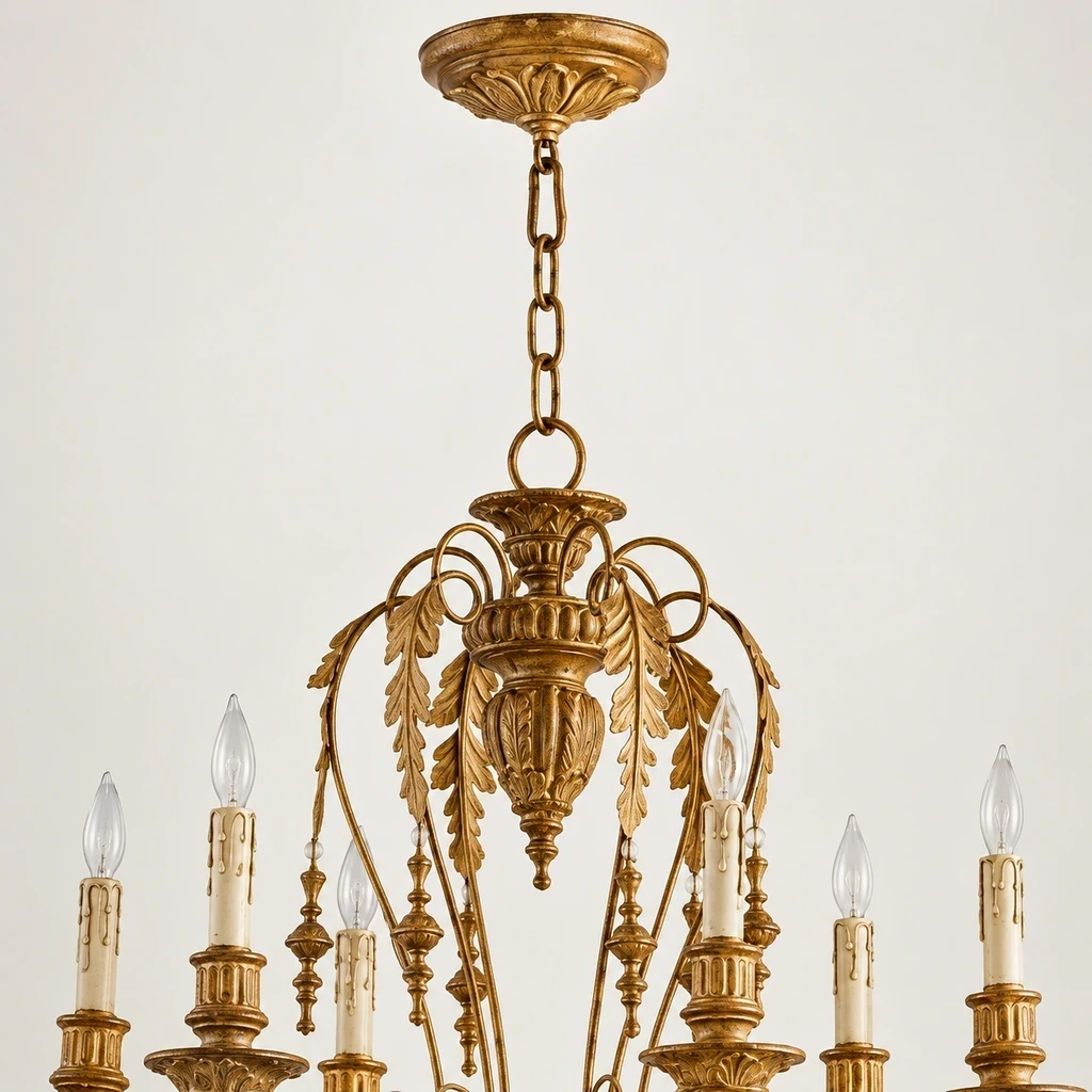 Close detail of the round canopy, chain and sculpted crown