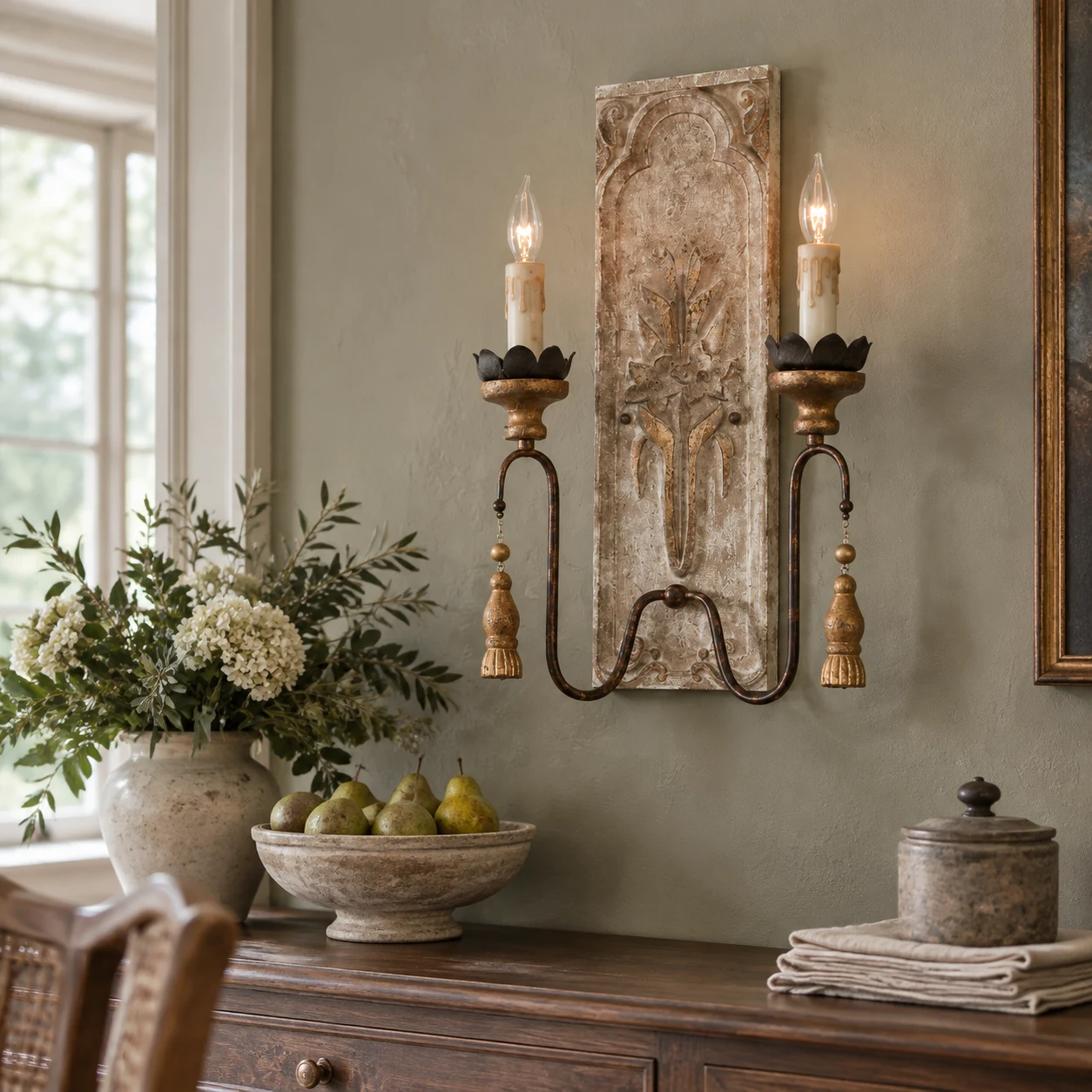 Camille double-head wall light above a dining sideboard