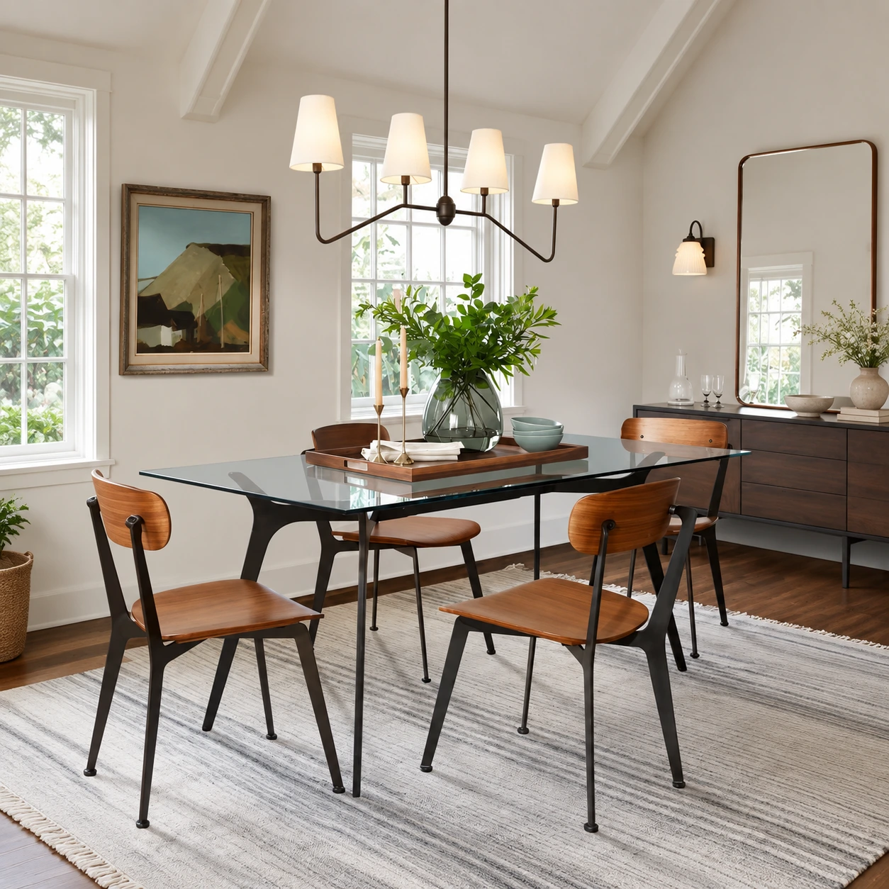 White shade linear chandelier in an oblique dining room scene