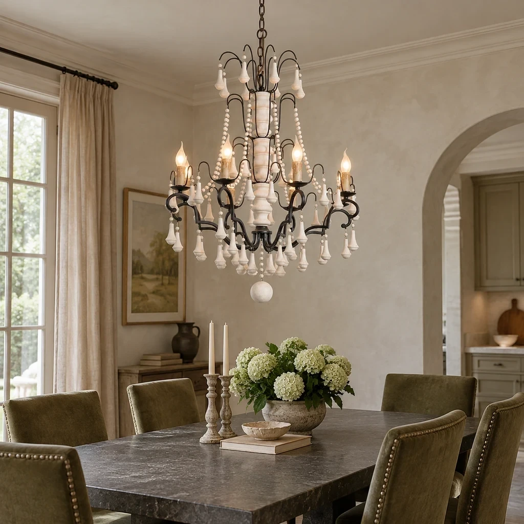 Merritt Beaded Wood Chandelier with Eight Lights above a charcoal stone dining table