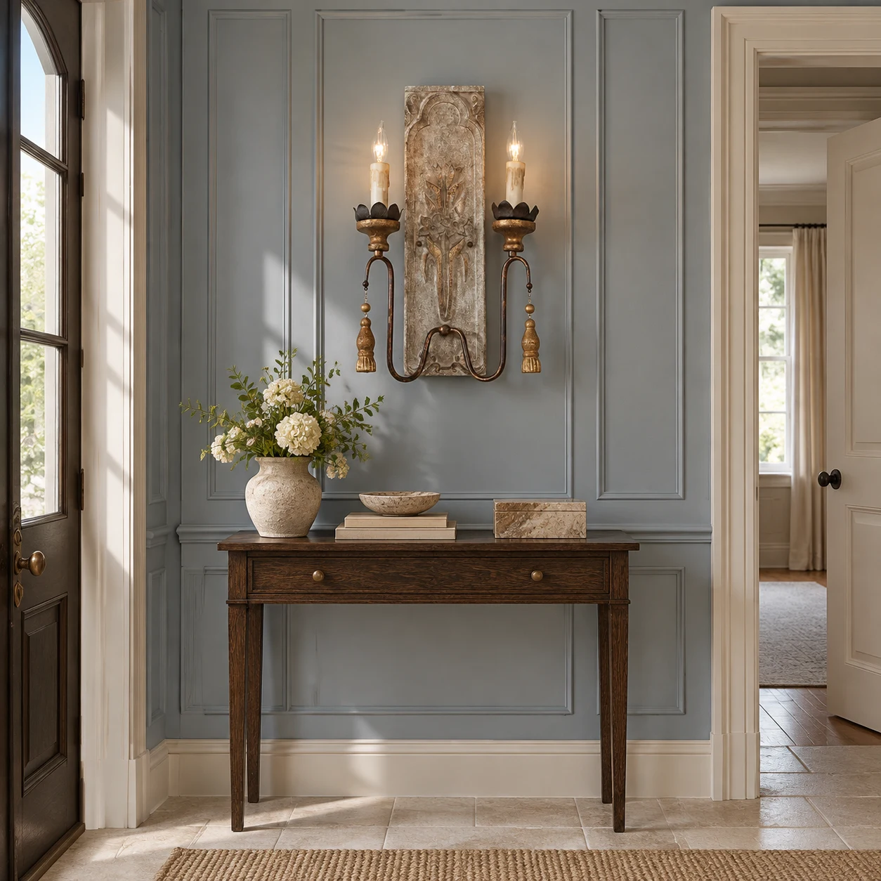 Camille double-head wall light above a traditional entry console