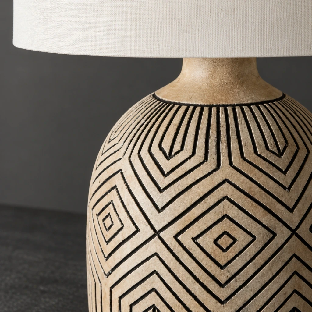 Black geometric lines across the carved wood lamp body