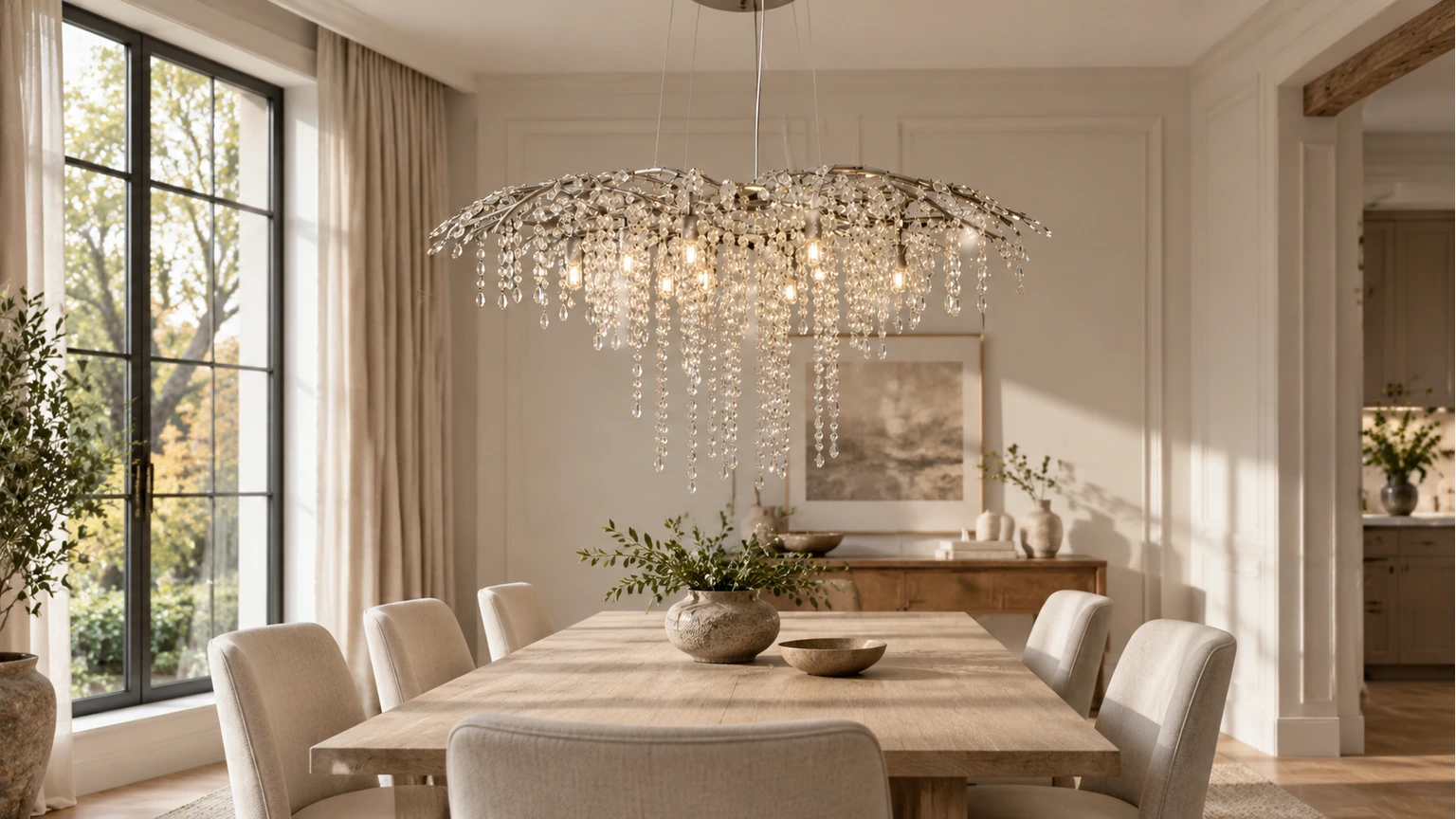 Arden crystal branch chandelier above an oak dining table in a bright traditional room