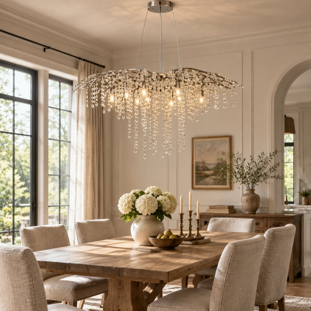 Arden crystal branch chandelier installed above an oak dining table