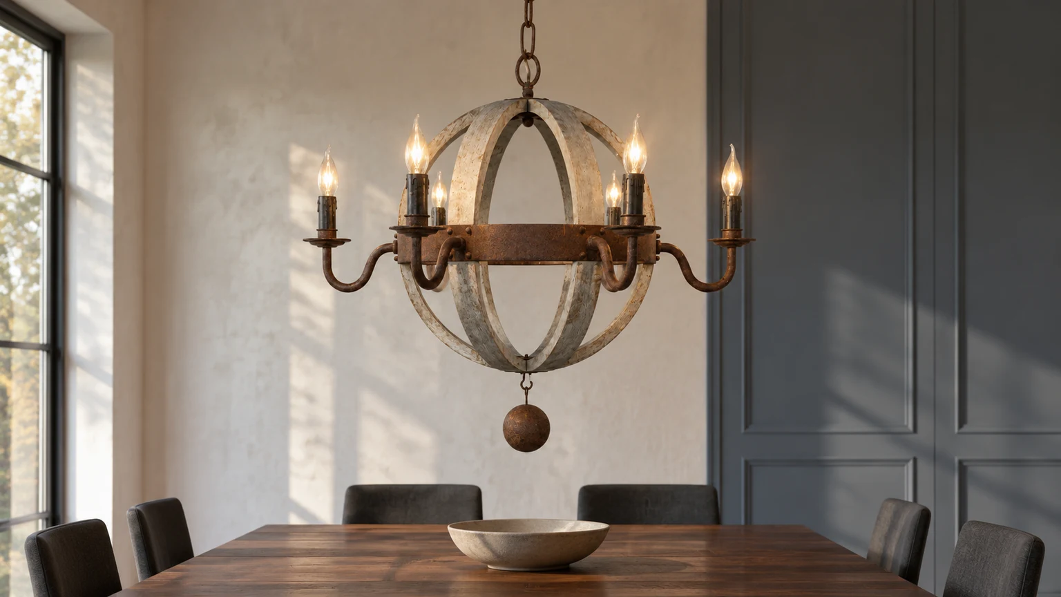 Elowen six-light orb chandelier above a walnut dining table in a restrained smoke-blue room