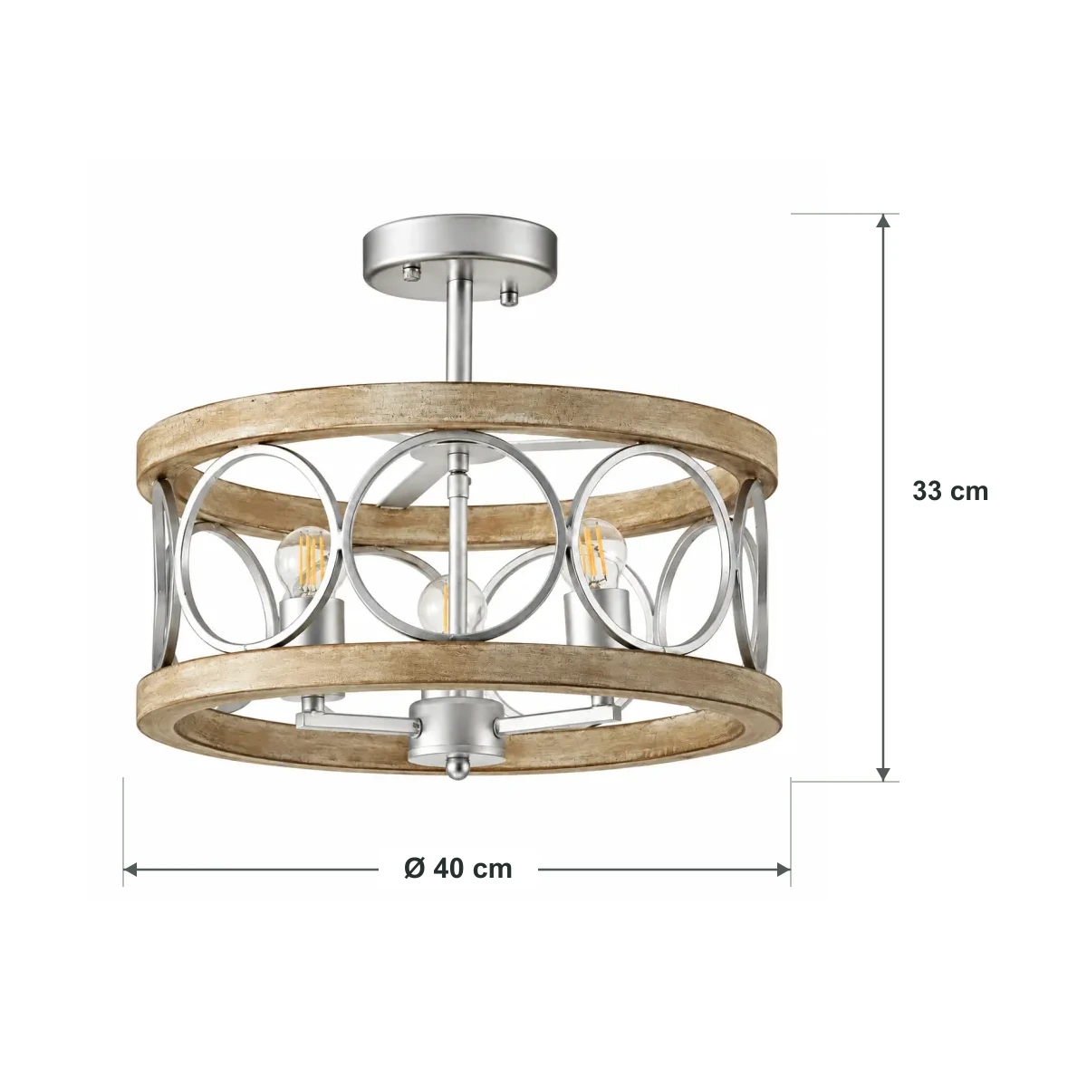 American Rustic Wood Lantern Ceiling Light dimension diagram, diameter 40 cm and overall height 33 cm
