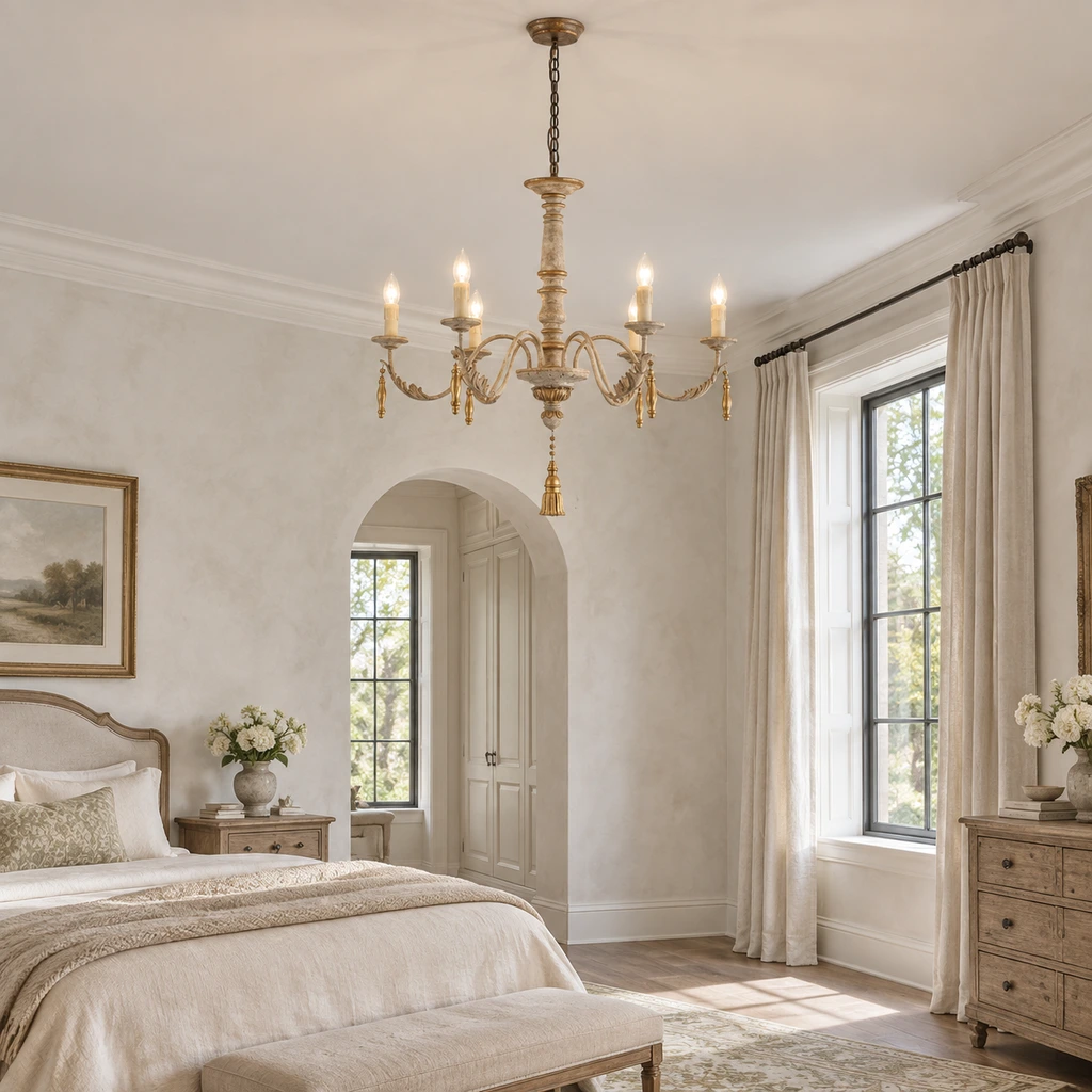 Colette six-light candle chandelier installed in a bedroom