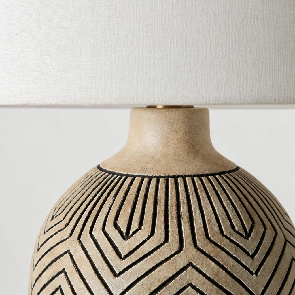 White fabric shade above the natural-toned wood neck