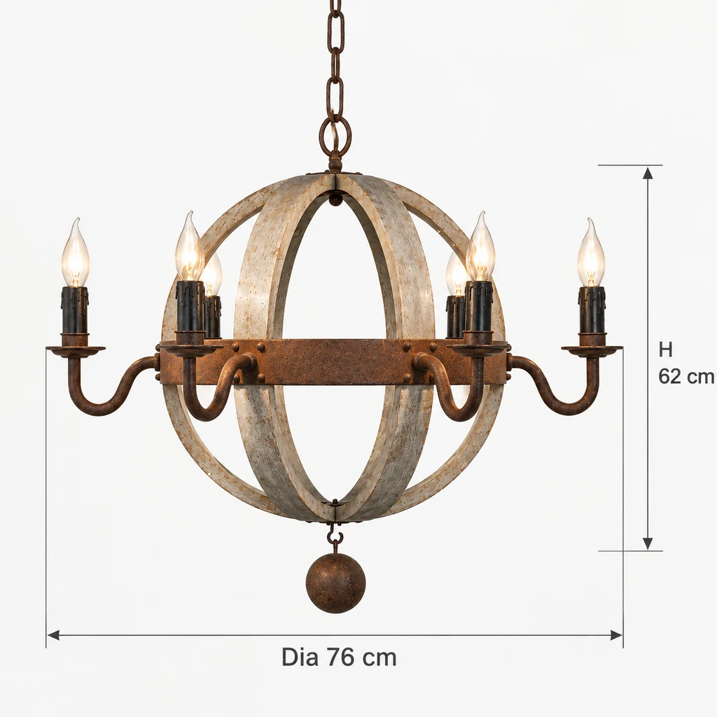Elowen six-light chandelier dimensions: diameter 76 cm and body height 62 cm