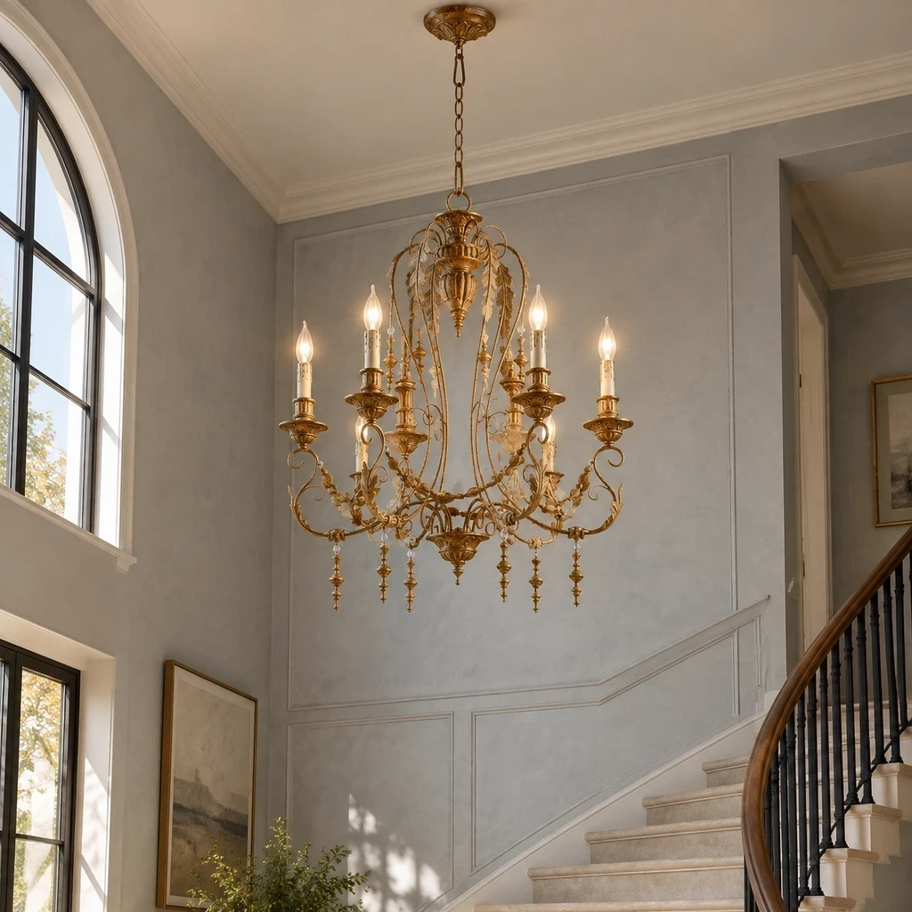 Merritt Vintage Sculpted Iron Chandelier with Six Lights in a blue-gray stair landing