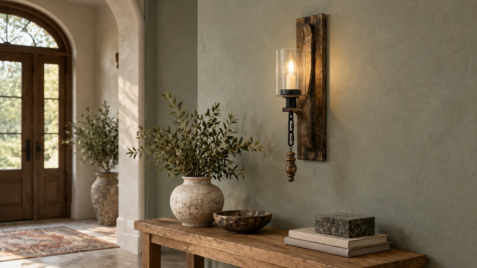 Vintage carved wood wall sconce with glass cylinder installed flush on a textured entry wall