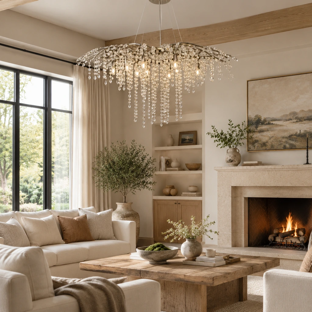 Arden crystal branch chandelier installed in a bright living room