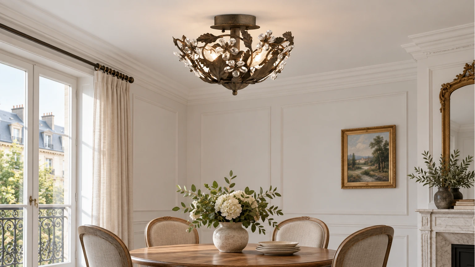 Elodie floral crystal ceiling light installed above a dining table in a bright vintage interior