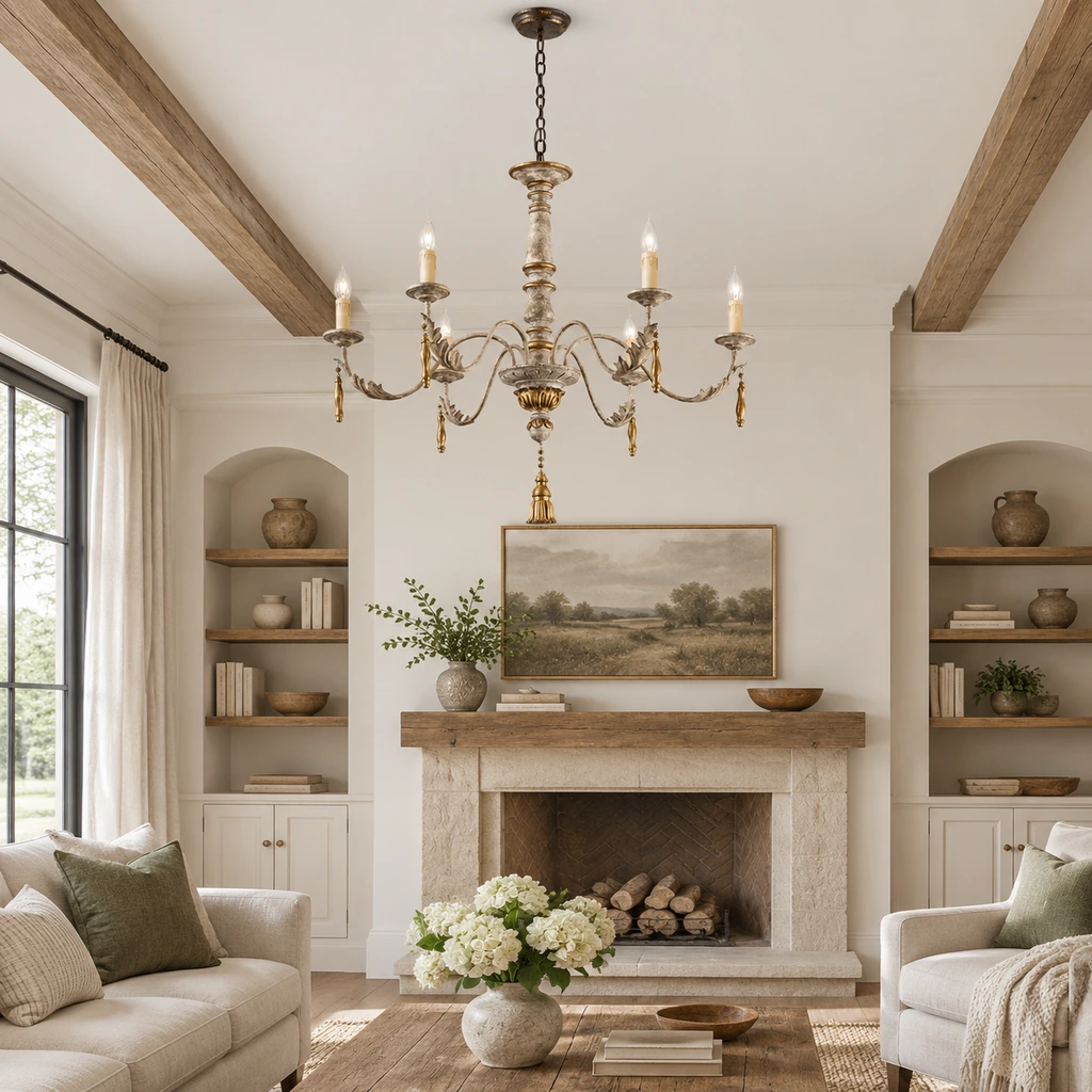 Colette six-light candle chandelier installed in a living room