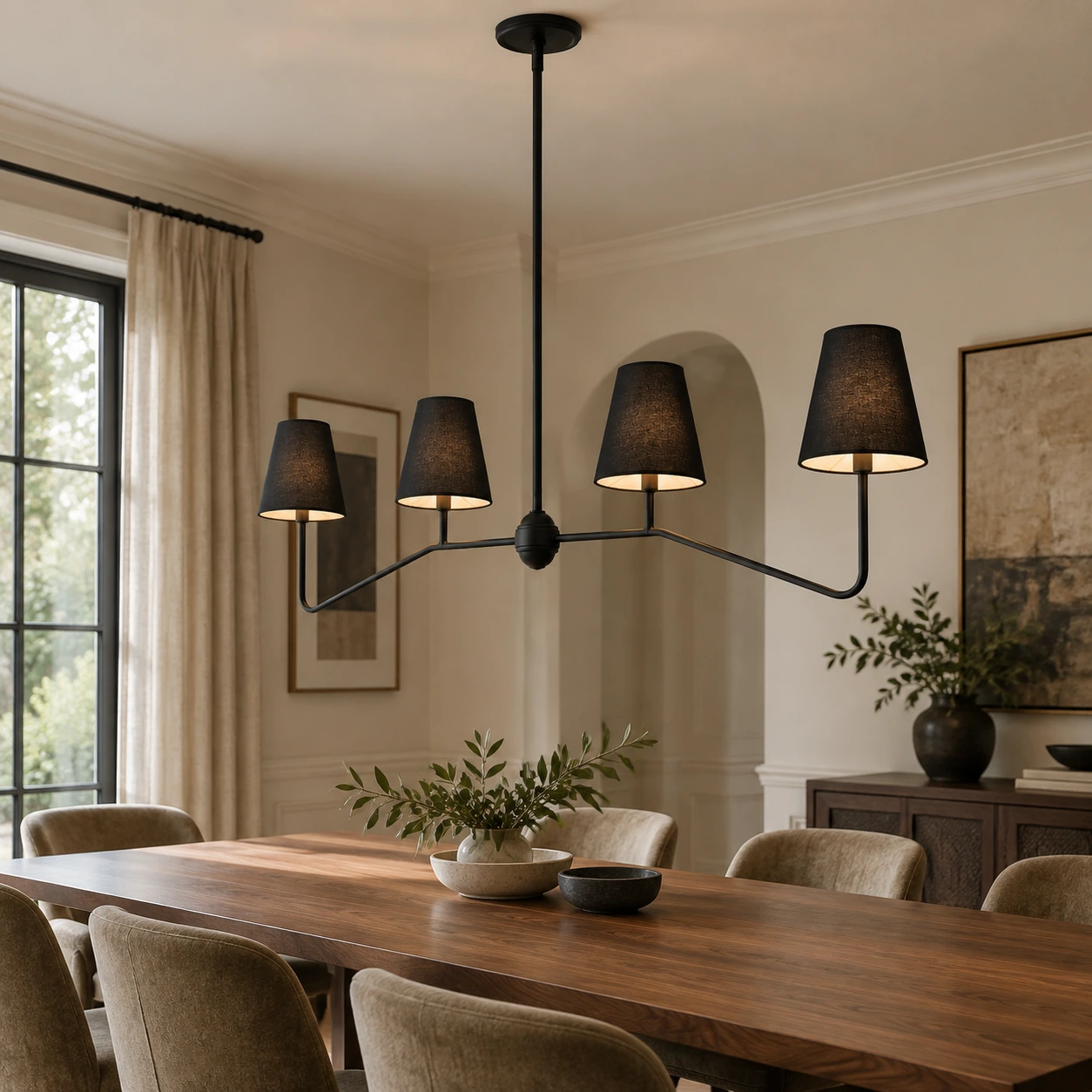 Black shade linear chandelier above a walnut dining table
