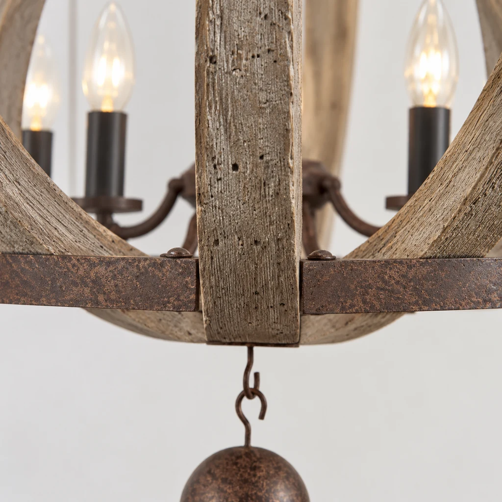 Close detail of Elowen chandelier distressed wood ribs and iron strap
